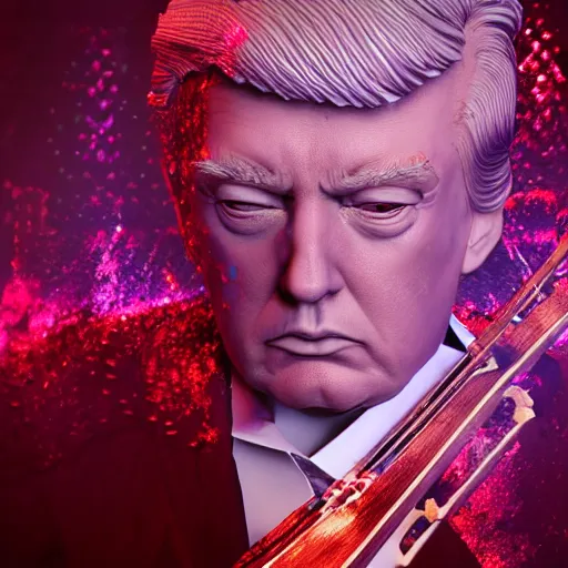Image similar to donald trump as violin player full body detailed, ethereal, cyborg biomechanics, covered in blood diamonds and other gems glowing, highly detailed face, evil posed, evil expression, intricate, extremy detailed, beeple, cgsociety, 3 d unreal engine octane render. cinematic lighting, highly detailed 4 k art