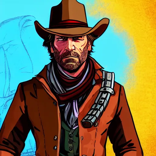 Image similar to Arthur Morgan from Red Dead Redemption 2 drawn in the style of Borderlands