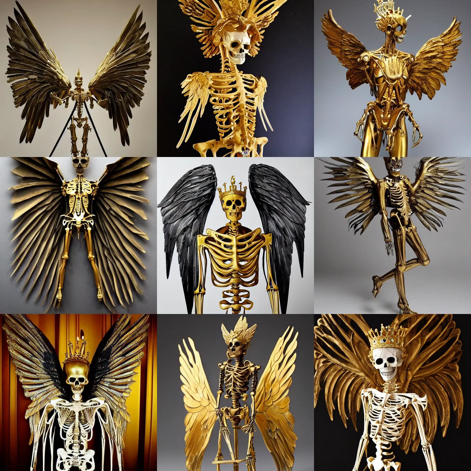 Prompt: a beautiful sculpture of a gilded angelic skeleton with wings and a crown floating in a dark room by bill ellis. a esoteric and dark sculpture of a crowned skeleton. @ billellis # billellis