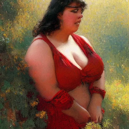 Prompt: a woman in a red top with a fat body type, painting by Gaston Bussiere, Craig Mullins