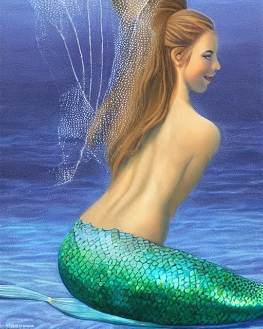 Prompt: “ a beautiful hyper realistic painting of a mermaid with a beautiful sparkling blue tail ”