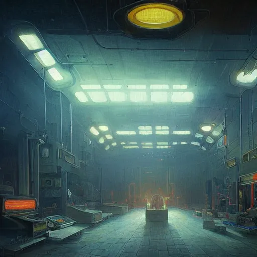 Image similar to detailed painting of a retroscifi interior in 1 9 4 0, volumetrics lights, beam of bright lights through the fog, simon stalenhag, andreas achenbach