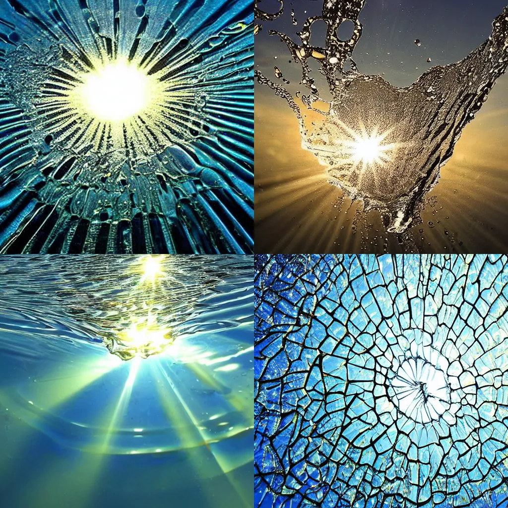 Prompt: shattering glass refraction sunrays sun water splash