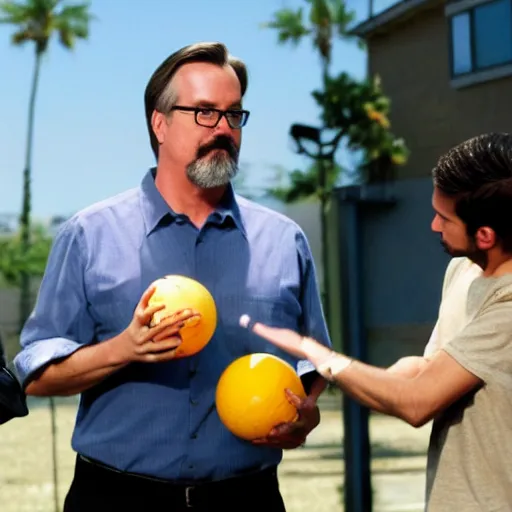 Prompt: vince gilligan holding giving two balls to thomas schnauz