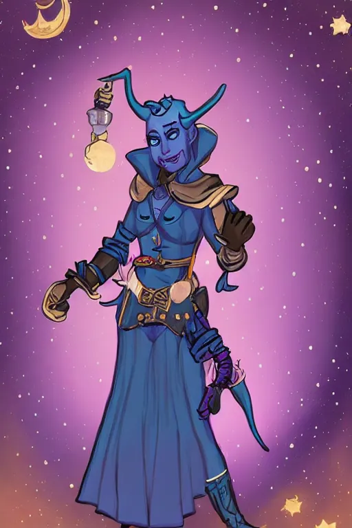 Image similar to Jester Lavorre blue tiefling from Critical Role in a steampunk couture outfit in a starry space sky 🌈