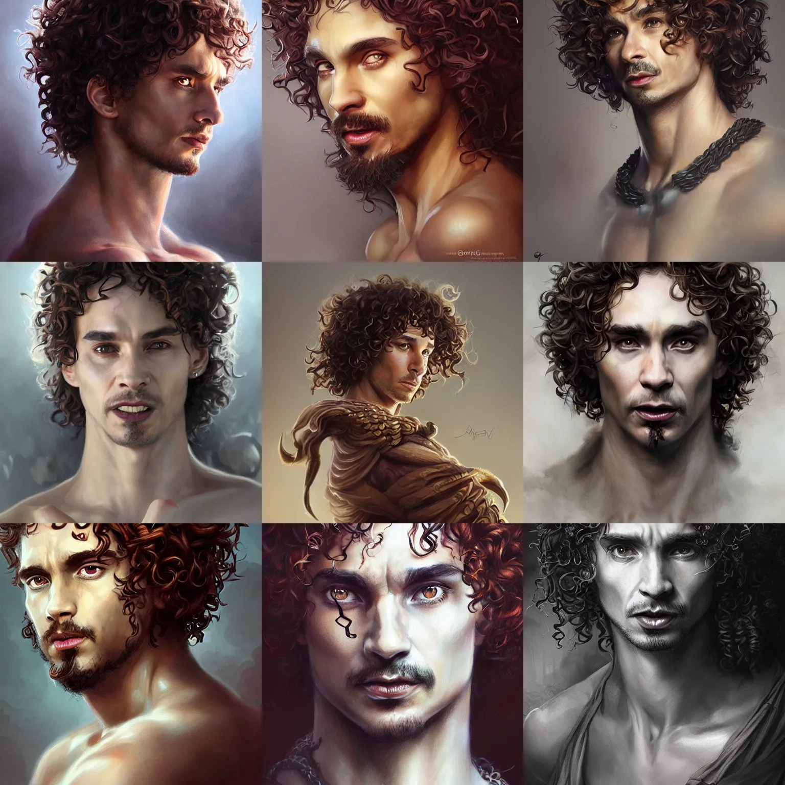 Prompt: dionysus, robert sheehan, curly hair, tunic, art by artgerm and greg rutkowski and magali villeneuve, d & d, fantasy, portrait, highly detailed, digital painting, trending on artstation, concept art, sharp focus, illustration