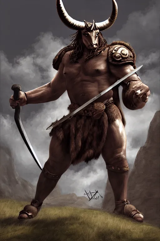 Prompt: Giant horned minotaur warrior with two handed axe, leather armor, full body, muscular, dungeons and dragons, hyperrealism, high details, digital painting, dark fantasy