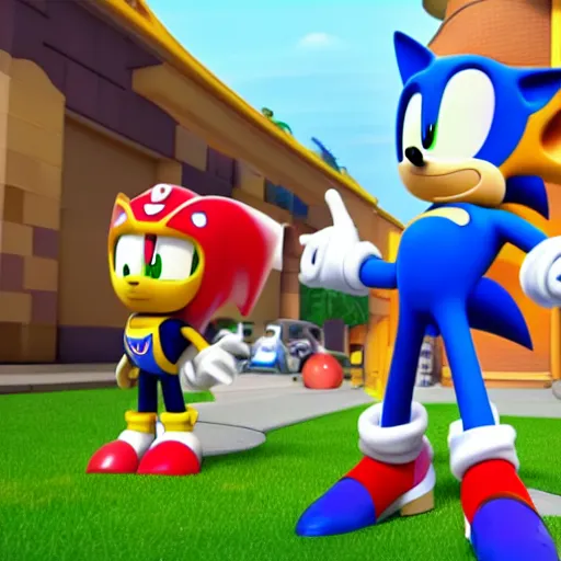 Prompt: sonic with the paw patrol crossover episode, cartoon network stillframe, good looking, hd, 4 k, hdr, smooth, sharp focus, high resolution, award - winning