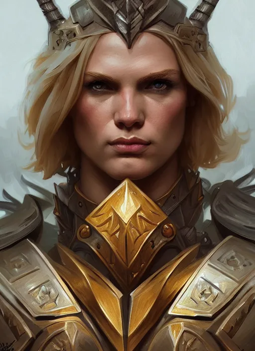 Image similar to symmetry! portrait of barbarian, short blond hair, d & d, muscular!! angry, armour, fantasy, intricate, elegant, highly detailed, digital painting, artstation, concept art, smooth, sharp focus, illustration, art by artgerm and greg rutkowski and alphonse mucha