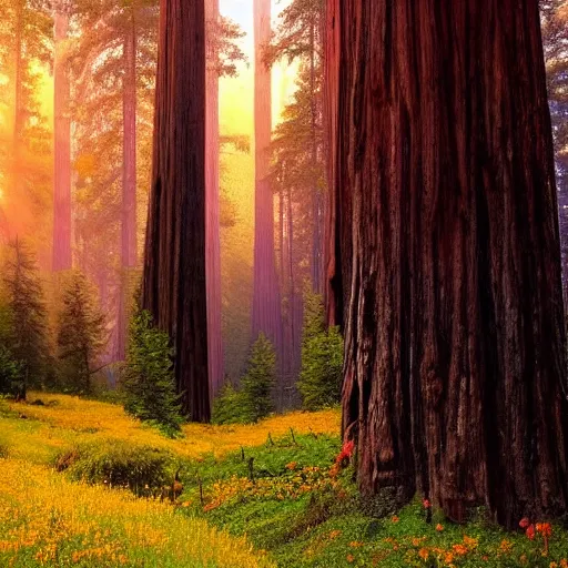 Image similar to A fantasy landscape with flowers and beautiful tall trees, redwoods, sunset