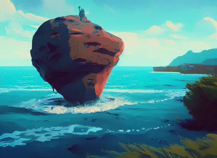 Prompt: a painting of a large rock in the middle of a body of water by anton fadeev and ilya kuvshinov, featured on artstation, fantasy art, artstation hq, artstation hd