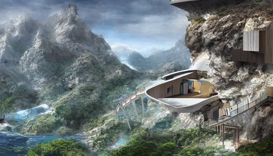 Prompt: a hydroelectric villa on the peak of a mountain, detailed matte painting, concept art