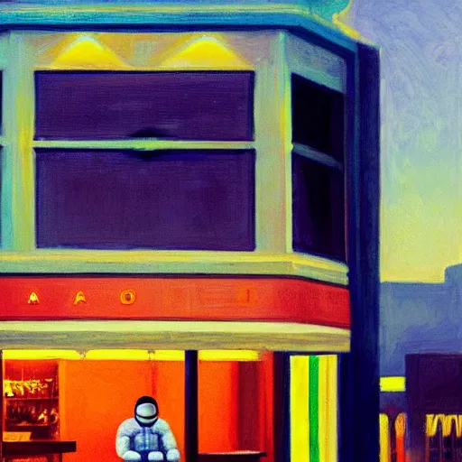 Prompt: an astronaut in front of a restaurant at the evening, in the style of Edward Hopper, 4k,