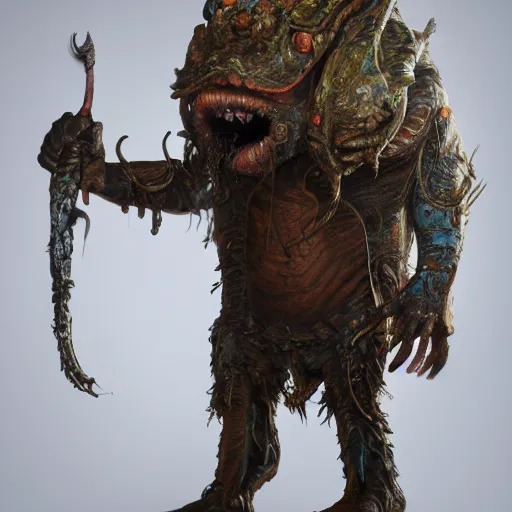 Image similar to full body concept, very fine art oil painting of a hideous anthropomorphic creature, with a very beautiful face wearing loose intricate clothing, ultra detailed, octane render, 4K, dystopi an , micro details