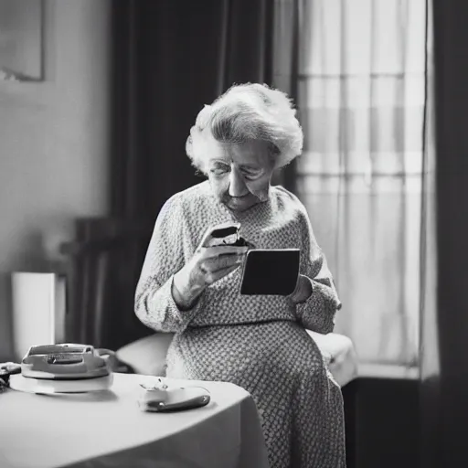 Prompt: an old woman using the phone in the year 1950, 4k, cinematic, photography