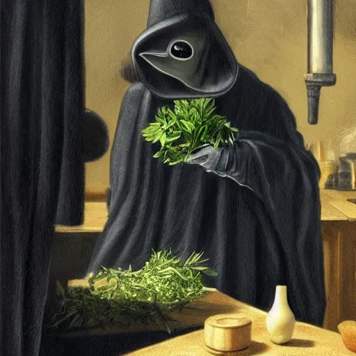 Prompt: mysterious plague doctor holding herbs while looking at a patient, modern art, ultra realistic picture, ultra detailed, award winning, 8 k