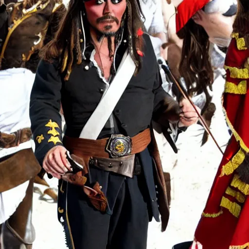 Prompt: photo of emmanuel macron as captain jack sparrow, full body shot, sharp focus, award - winning