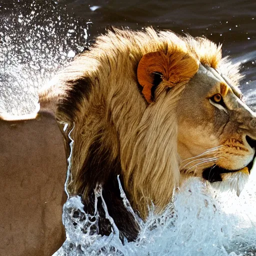 Image similar to a lion's face breaching through a wave