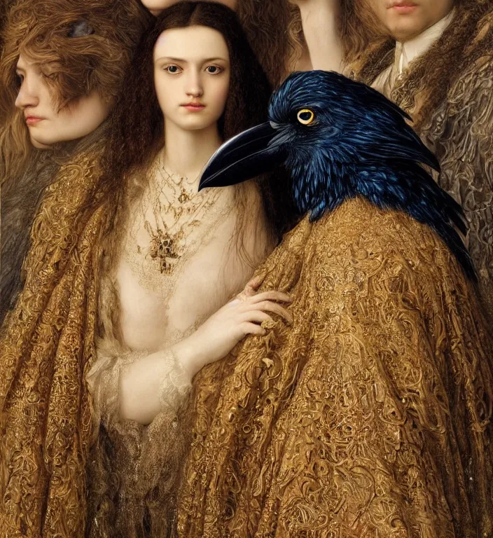 Image similar to a breathtakingly stunningly beautifully highly detailed portrait of a majestic raven, by rosetti and devinci and michael cheval and sidney cooper and turner, 4 k