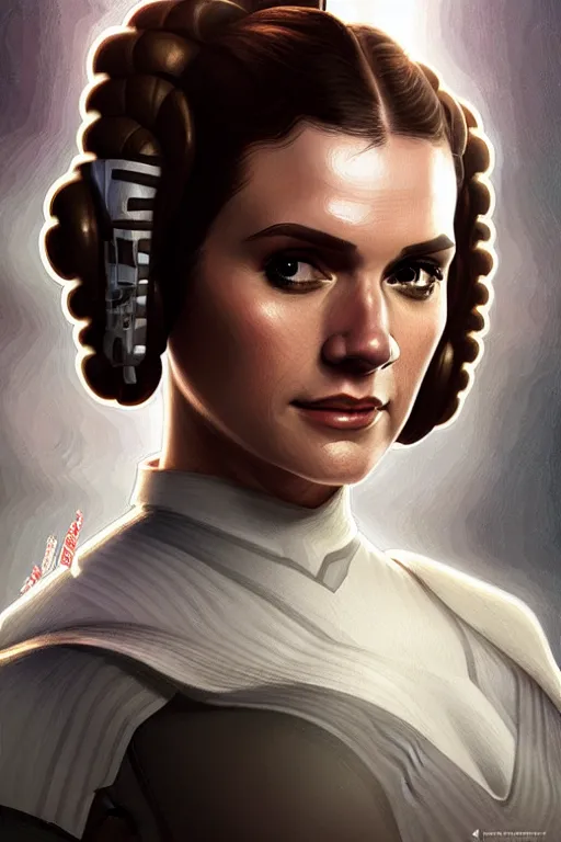 Image similar to portrait of henry cavill as princess leia, star wars, upper body, fantasy, intricate, elegant, highly detailed, digital painting, artstation, concept art, smooth, sharp focus, key light, illustration, art by artgerm and greg rutkowski and alphonse mucha