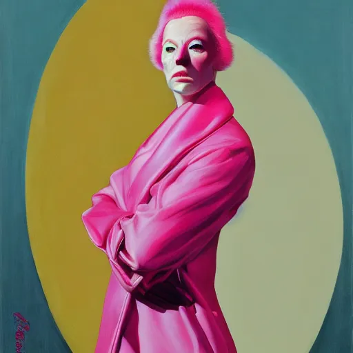 Image similar to Portrait of a diva wearing a pink shiny robe with fur , very coherent, painted by Edward Hopper, Wayne Barlowe, painted by James Gilleard, airbrush, art by JamesJean