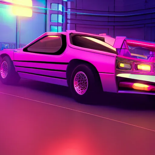 Prompt: photoreal synthwave sports car, 1980s aesthetic, neon lights, raytraced lighting, global illumination, rendered in mental ray, octane render, 8k