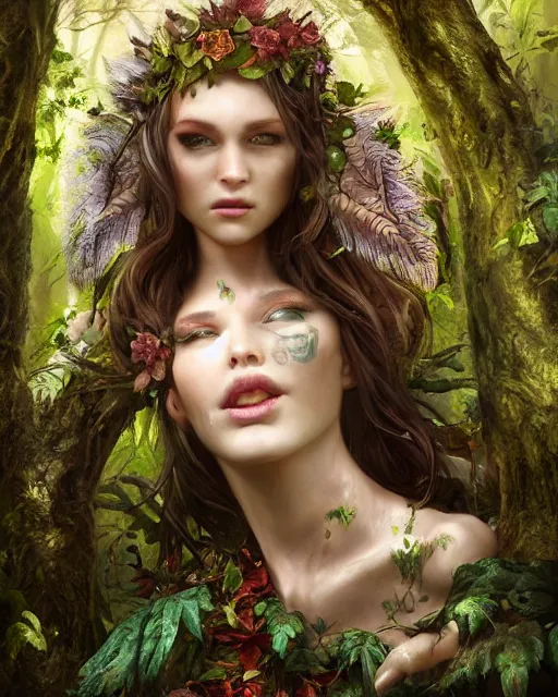 Image similar to portrait high definition photograph cute woman fantasy character art, hyper realistic, pretty face, hyperrealism, iridescence water elemental, snake skin armor forest dryad, woody foliage, 8 k dop dof hdr fantasy character art, by aleski briclot and alexander'hollllow'fedosav and laura zalenga