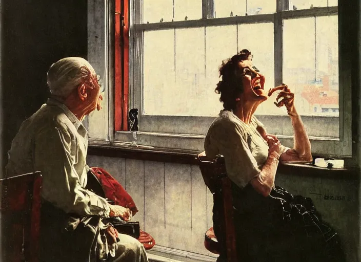 Image similar to a laughing man sitting by the window, a slim woman in the background, norman rockwell