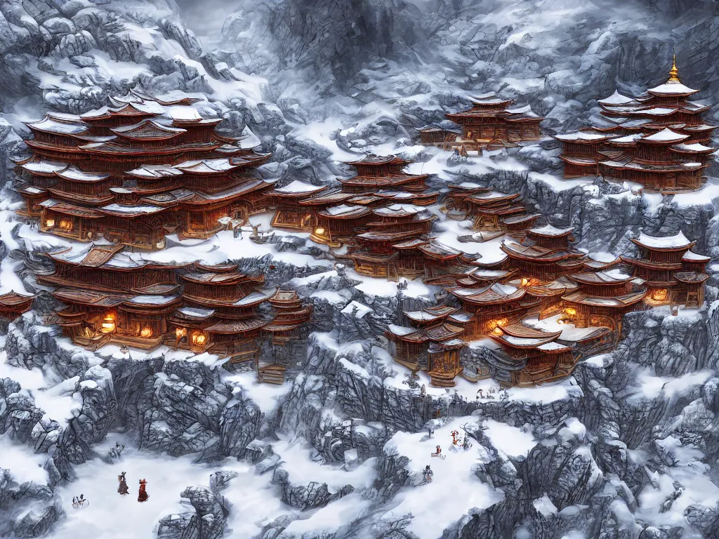 Image similar to shaolin monastery on snowy mountain, concept art, digital art, neon, 8 k, sad, yin yang, incandescent, cinematic lighting, ray tracing ambient occlusion, in a symbolic and meaningful style, insanely detailed and intricate, hypermaximalist, elegant, ornate, hyper realistic, super detailed