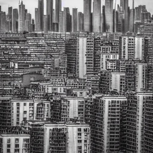 Prompt: Beautiful picture of an intricate very detailed cozy city on a cloudy day with tall brutalist buildings with small windows, a wonderful place to live, high-quality photograph