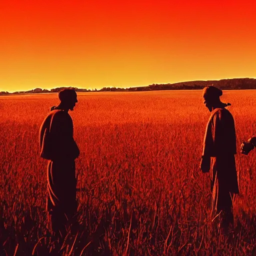 Image similar to cinematic still of silhouettes of two men fighting in ancient clothing, farm field background, red hues, lightning, directed by Russell Mulcahy