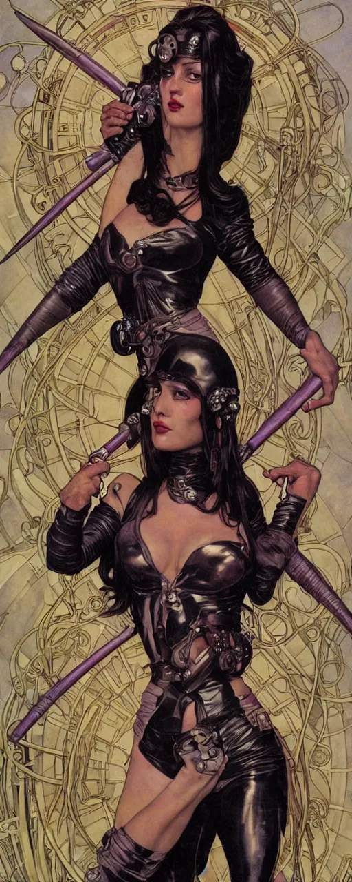 Image similar to striking sensual industrial art nouveau style portrait of psylocke as an extreme metal soldier by glenn fabry, simon bisley and alphonse mucha, photorealism, extremely hyperdetailed, perfect symmetrical facial features, perfect anatomy, ornate declotage, spikes, latex, excited expression, wild eyes