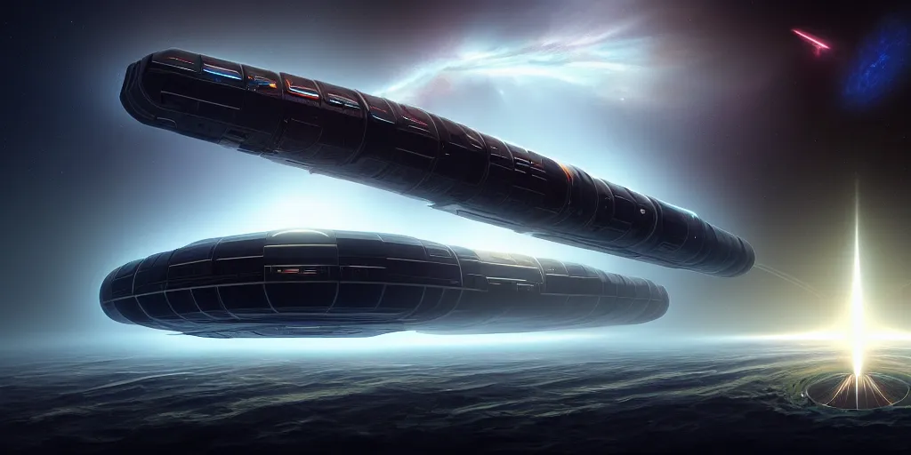 Prompt: giant tubular spaceship in deep space, portal, day, ultra high definition, ultra detailed, symmetry, god rays, sci - fi, dark fantasy, by paul chadeisson and denis villeneuve