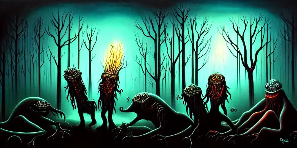 Image similar to creatures lurking in the collective unconscious, dramatic lighting from warm fire glow, in a dark surreal painting by ronny khalil