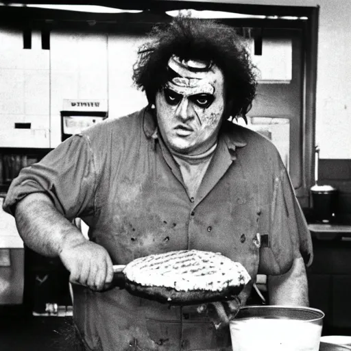 Prompt: leatherface making burger patties in a burger joint kitchen