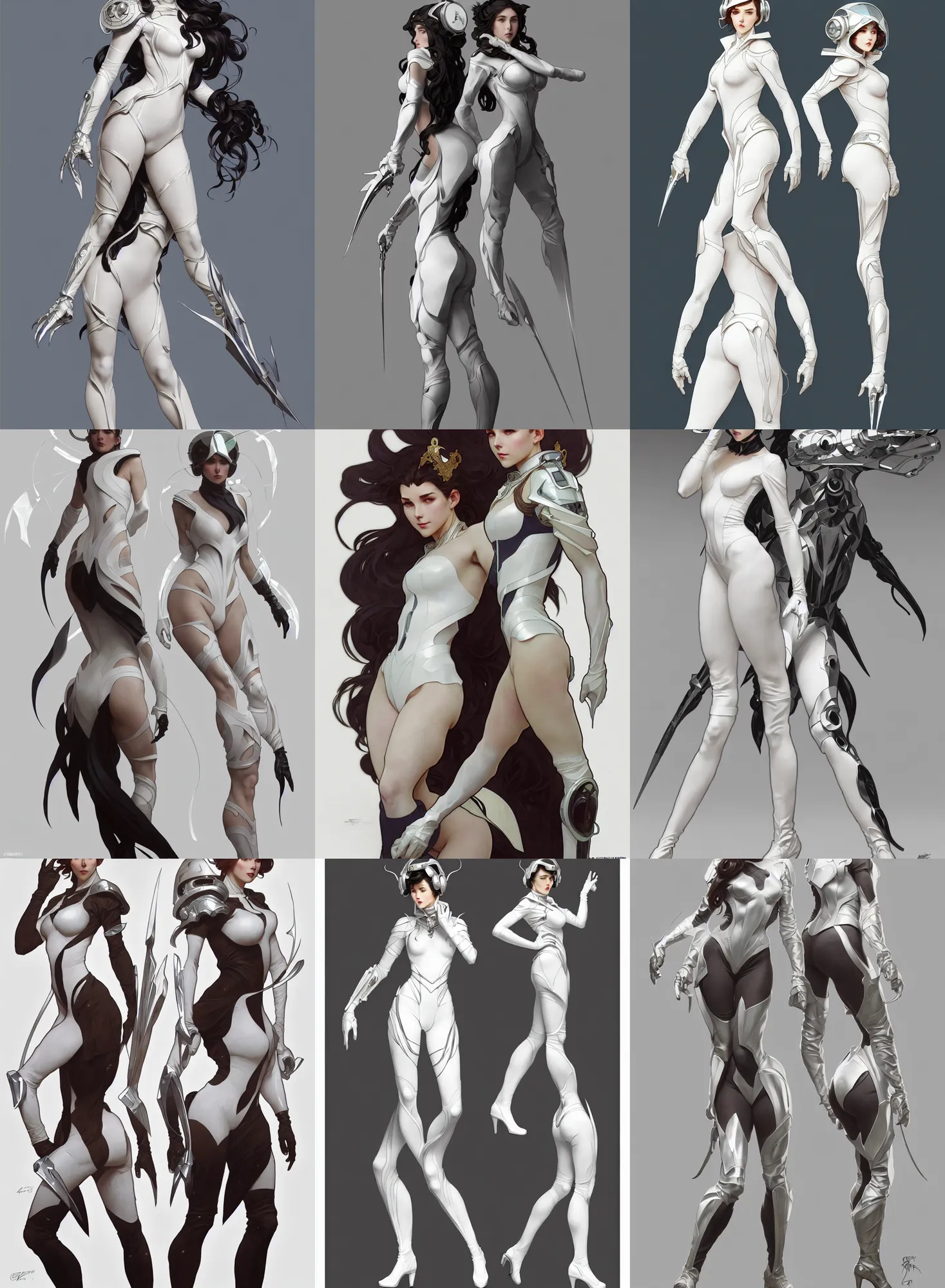 Image similar to a full body character design by artgerm, cushart krenz, greg rutkowski and alphonse mucha. sci - fi dagger. white tape project show attctive showgirl!! full body with helmet!! sharp edge. ultra clear detailed. contour light effect!! 8 k. stage light. ultra detailed, elegant, intricate, octane render.