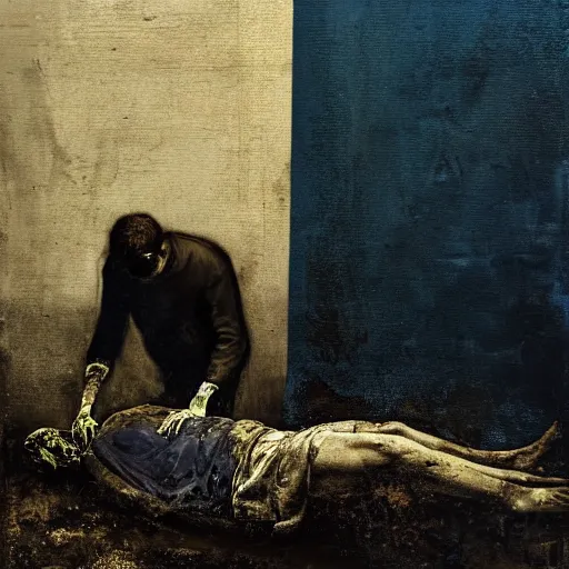 Image similar to one man in a cemetery digging up a dead body, by nicola samori, painting, 8 k, high detail, medium blue, orange, and dark green tones, high quality, sad feeling, high detail, dark colors, sinister atmosphere, dramatic lighting, cinematic, establishing shot, extremely high detail, photo realistic, cinematic lighting, album cover