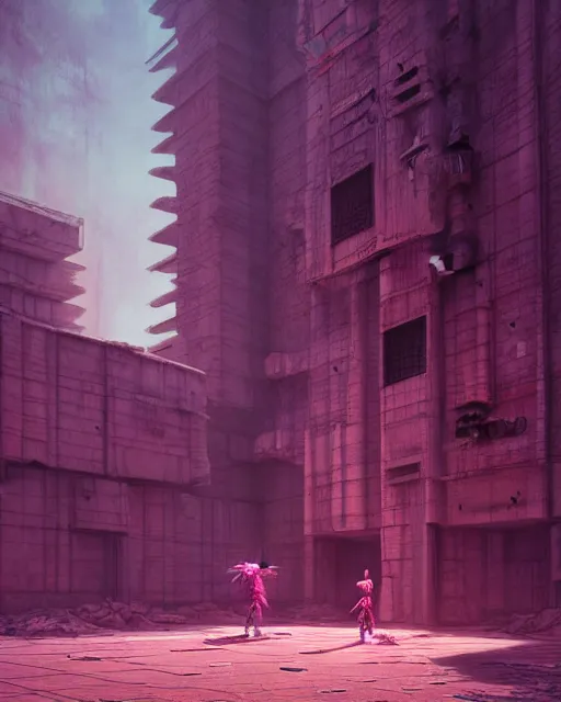 Prompt: hyperrealistic 3d render mecha iridescent pink brutalist city ruins background concept art vray santiago caruso de chirico sharp cinematic moody light 8k low angle shallow depth of field