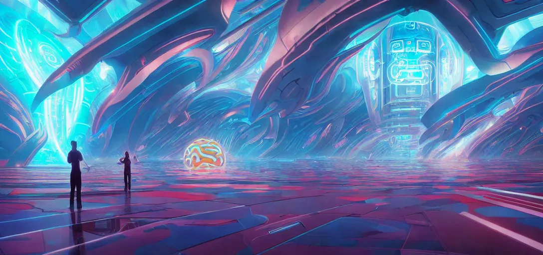 Image similar to a floating temple of androids, channeling swirling energy, wearing netrunner clothing, vaporwave aesthetic, colorful, psychedelic, digital painting, artstation, concept art, smooth, sharp focus, illustration, art by artgerm and greg rutkowski and alphonse mucha