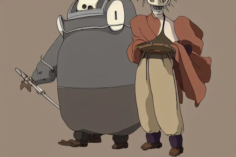 Prompt: a study of cell shaded cartoon of a grey mechanized monk from howl's moving castle ( 2 0 0 4 ) on a desert road, full body, wide shot, very muted colors, post grunge, studio ghibli, laurie greasley, highly detailed, deviantart, art by artgem