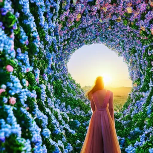 Image similar to A world of various flowers and plants, in which there is a figure of a human, dressed in something magical and impressive, inside this clothes infinity is all in sunset light