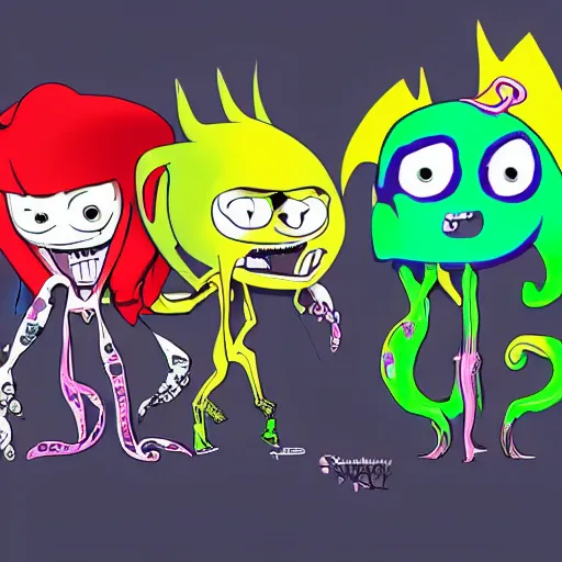 Image similar to psychic punk rocker electrifying rockstar squid guy with a vampire squid for a head concept character designs of various shapes and sizes by genndy tartakovsky and splatoon by nintendo and the psychonauts franchise by doublefine tim shafer artists as well as the artist for the new hotel transylvania film