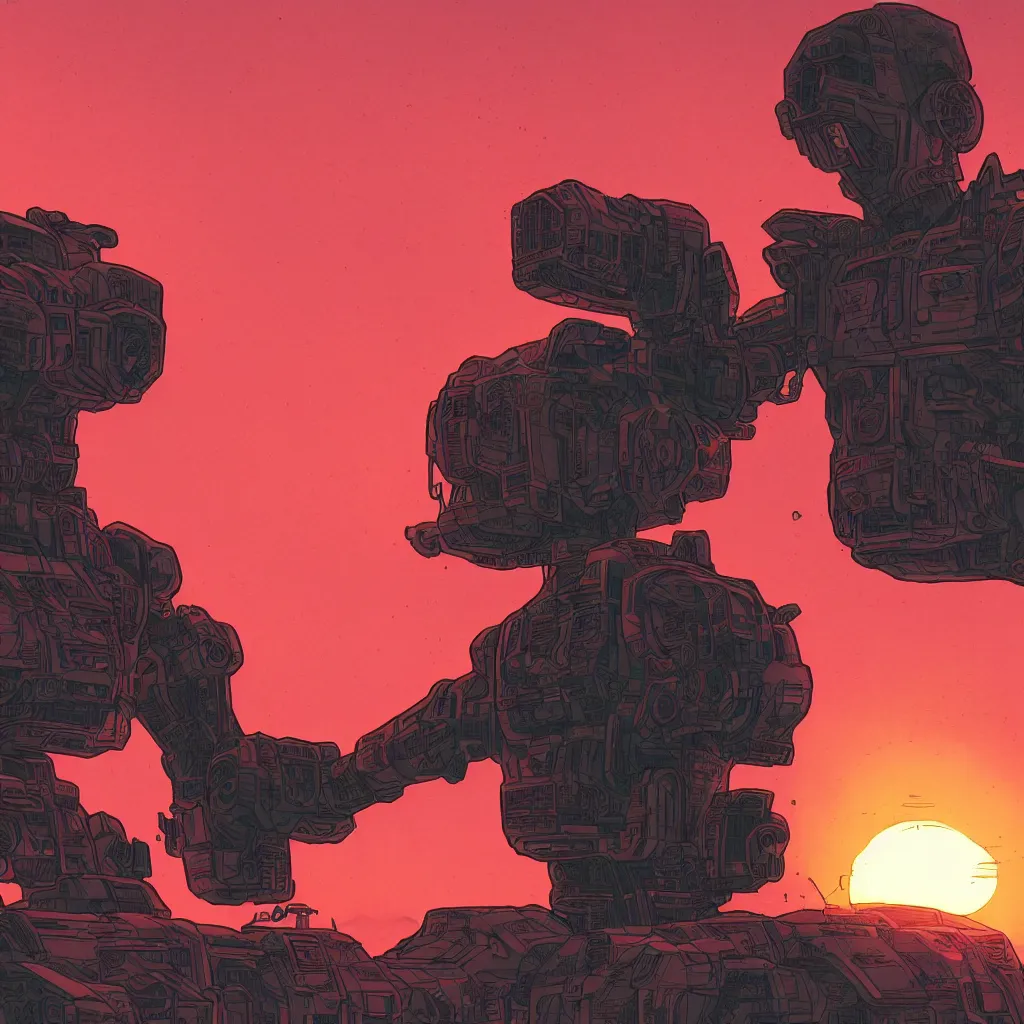 Prompt: in the style of max prentis and deathburger and laurie greasley a close up of a young explorer wearing a cyberpunk headpiece sitting on the head of a giant robot watching the sunset in the distance, highly detailed, 8 k wallpaper