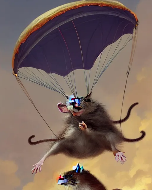 Prompt: cute pet rat parachuting from a plane, deep focus, d & d, fantasy, intricate, elegant, highly detailed, digital painting, artstation, concept art, matte, sharp focus, illustration, hearthstone, art by artgerm and greg rutkowski and alphonse mucha