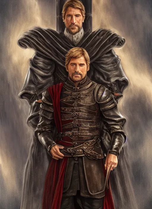 Image similar to jamie lannister by anne stokes and larry elmore, detailed matte painting, realistic portrait, symmetrical, highly detailed, digital painting, artstation, concept art, smooth, sharp focus, illustration, cinematic lighting, 8 k resolution