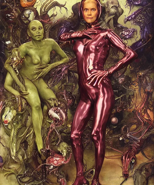 Prompt: a portrait photograph of a alien super villian with slimy skin and wings. she looks like a mutated reese witherspoon and is trying on a colorful infected bulbous shiny organic catsuit. by donato giancola, hans holbein, walton ford, gaston bussiere, peter mohrbacher and brian froud. 8 k, cgsociety, fashion editorial