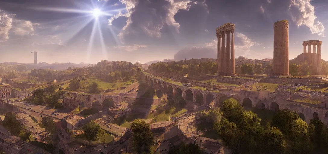 Prompt: epic view of giant roman aqueduct over beautiful italian city, unreal engine, dramatic lighting, detailed, ambient occlusion, global illumination, god rays, 3 d artstation render by greg rutowski and jessica rossier