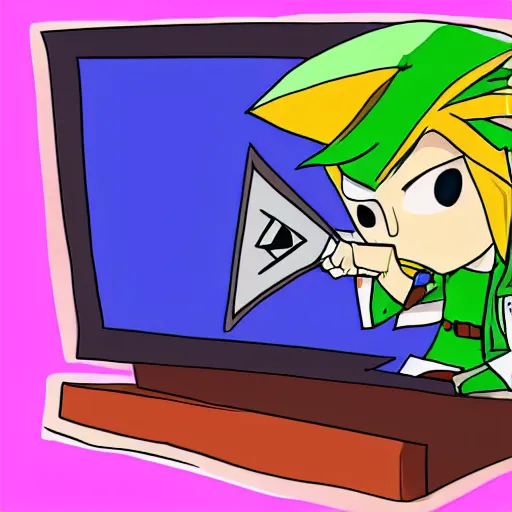 Prompt: link from the legend of zelda reading a news bulletin from a teleprompter, digital art