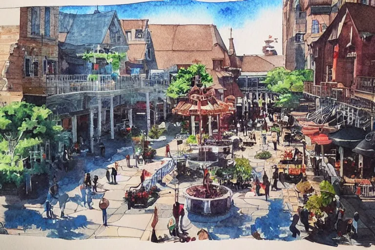 Image similar to !! watercolor!! townsquare in a sunny day, artwork by tooth wu, colorful high contrast,!! very coherent!!, dark shadow, thick lineart