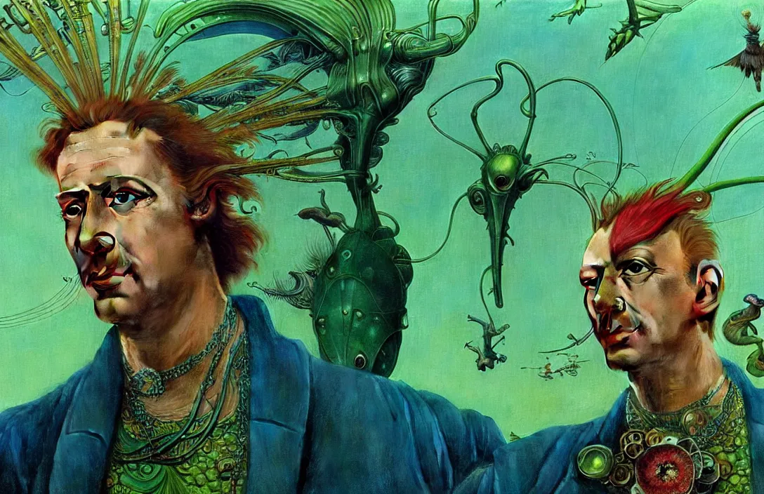 Prompt: realistic detailed portrait movie shot of a birdman wearing green leather coat, sci fi city landscape background by denis villeneuve, amano, yves tanguy, alphonse mucha, ernst haeckel, max ernst, roger dean, masterpiece, rich moody colours, blue eyes